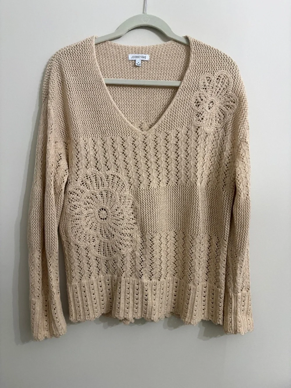 Johnny Was Openwork Pullover Natural Crochet Sweater Size M